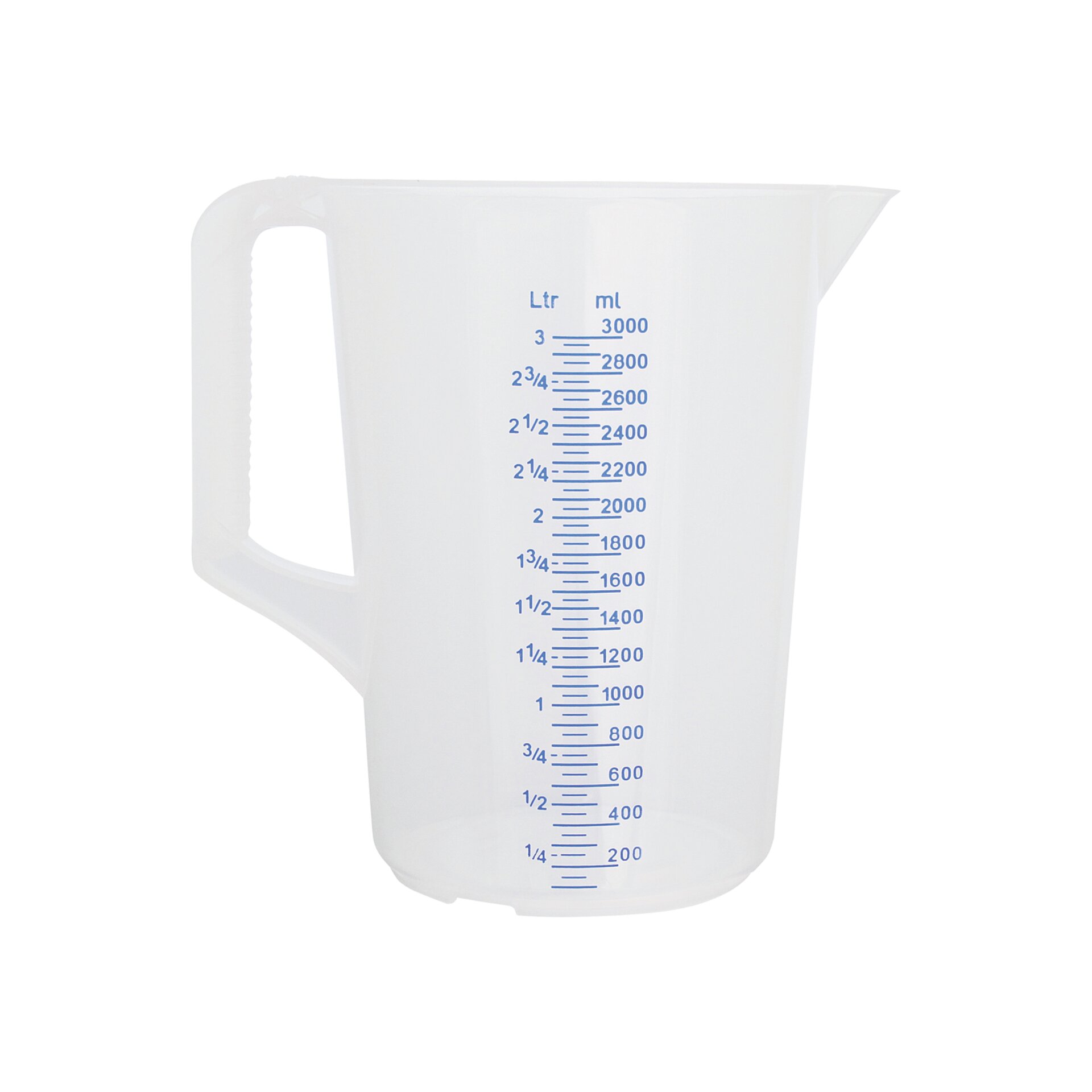 Messbecher 3,00 l geprägte Skala, blaue Schrift, geschlossener Griff