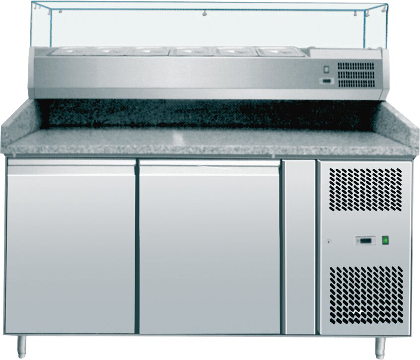 Pizzatisch mit Kühlaufsatzvitrine 5 GN 1/3, 1 GN 1/2, 2 Türen