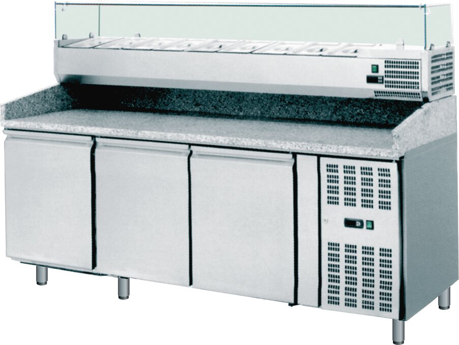 Pizzatisch mit Kühlaufsatzvitrine 9 x GN 1/3 3 Türen 2025 x 800 x 1435 mm