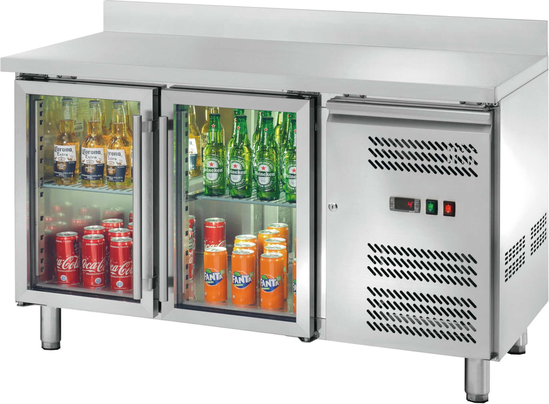 Kühltisch 282 l GN 1/1 mit 100 mm Aufkantung, 2 Glastüren