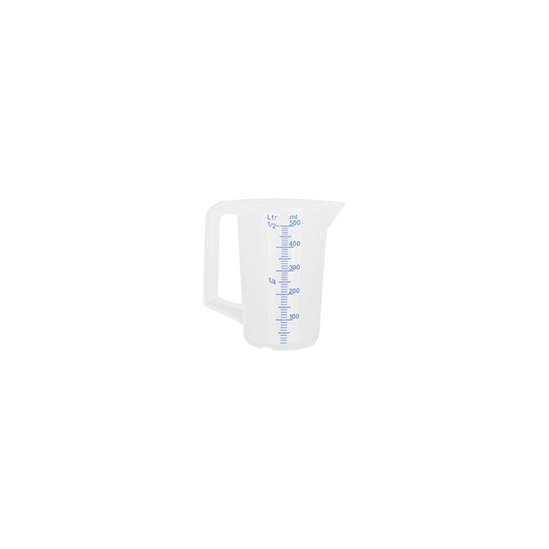 Messbecher 0,50 l geprägte Skala, blaue Schrift, geschlossener Griff