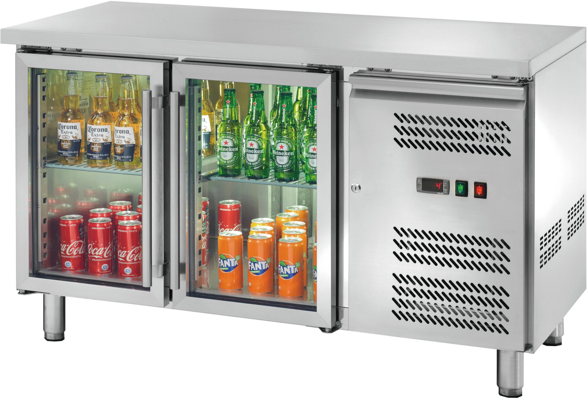 Kühltisch 282 l GN 1/1 ohne Aufkantung, 2 Glastüren